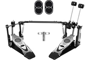 Double Bass Drum Pedal with Drum Patch, Heavy Duty Dual Chain Drive Kick Pedal, Adjustable Spring & Beater, Non-Slip Base, Co