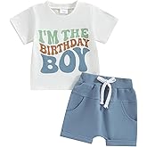 Kayotuas Toddler Baby Boy First Birthday Outfit Letter Print Short Sleeve T Shirt Top and Solid Shorts 2 Piece Summer Clothes