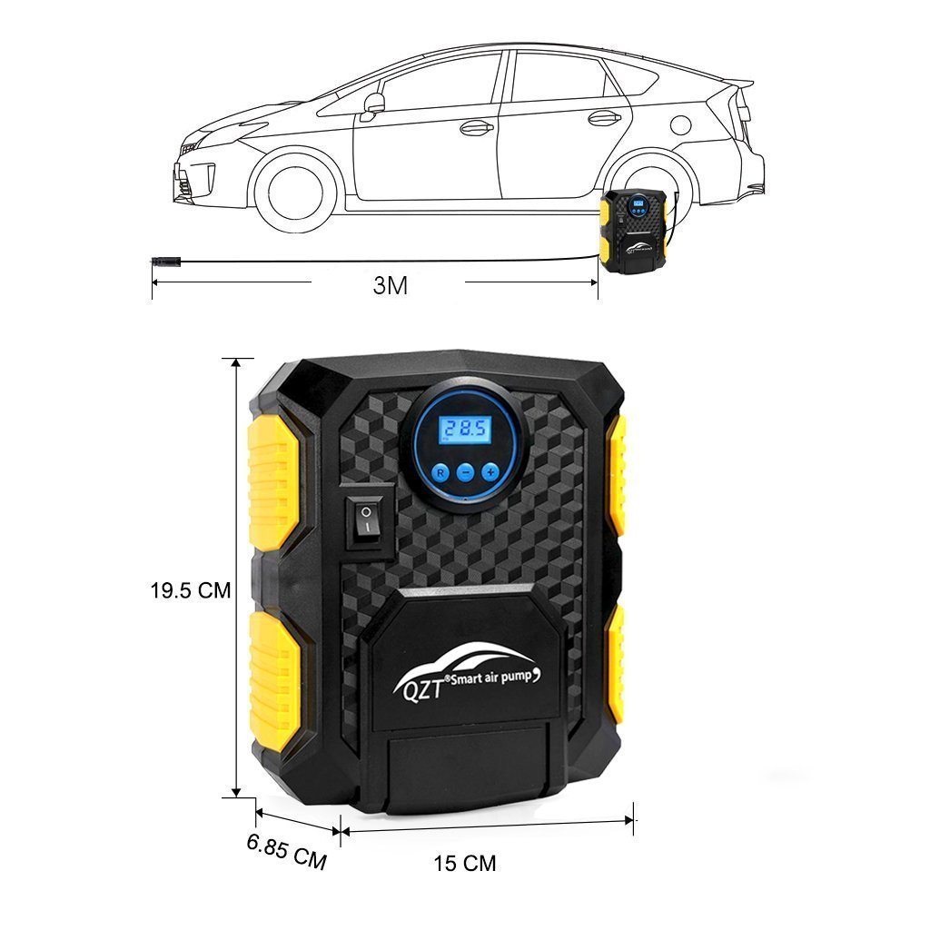 Compresseur d\'air Portable, QZT 12V Digital Compresseur avec Lampe LED ,3 Adaptateurs de Buse,Câble 3m -150PSI