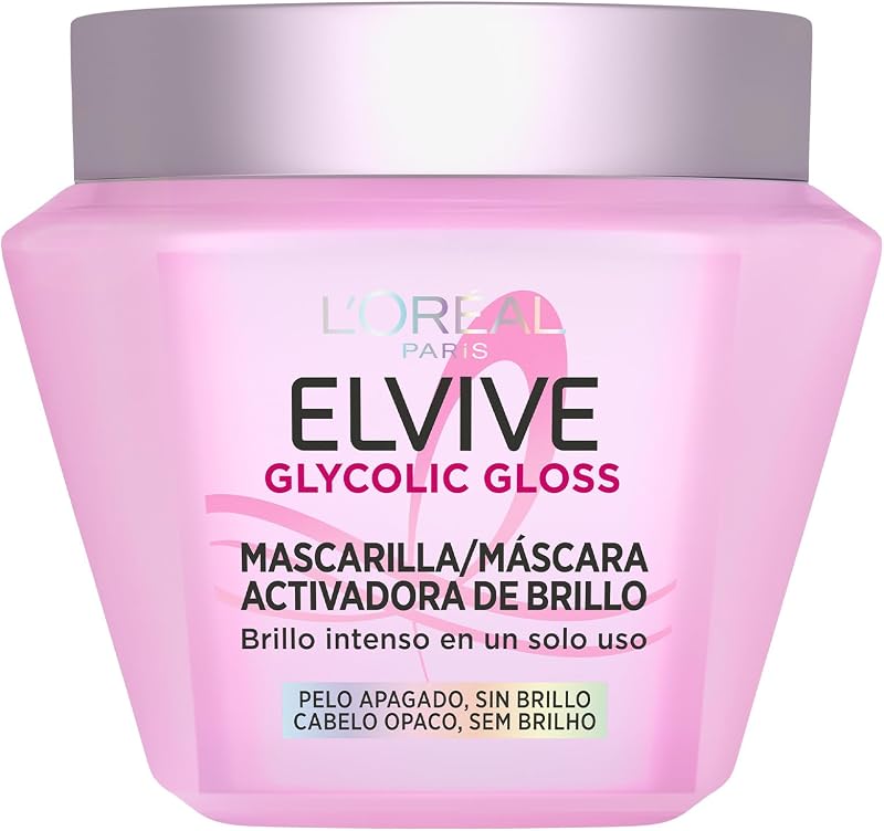 L'Oréal Paris, Mascarilla Activadora del Brillo, Brillo Intenso en Un Solo Uso, Cabello Más Liso, Con Ácido Glicólico, Para Cabello Apagado y Sin Vida, Elvive Glycolic Gloss, 310 ml