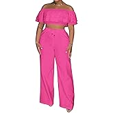 Adogirl 2 Piece Outfits For Women Off Shoulder Ruffle Trim Short Sleeve Top Wide Leg Pants Sets Sexy Outfits