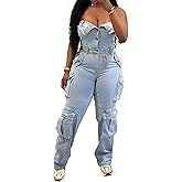 Lyaheima Women's Sexy Strapless Denim Cargo Jumpsuit Button Down Bustier Romper with Pockets, Casual Streetwear