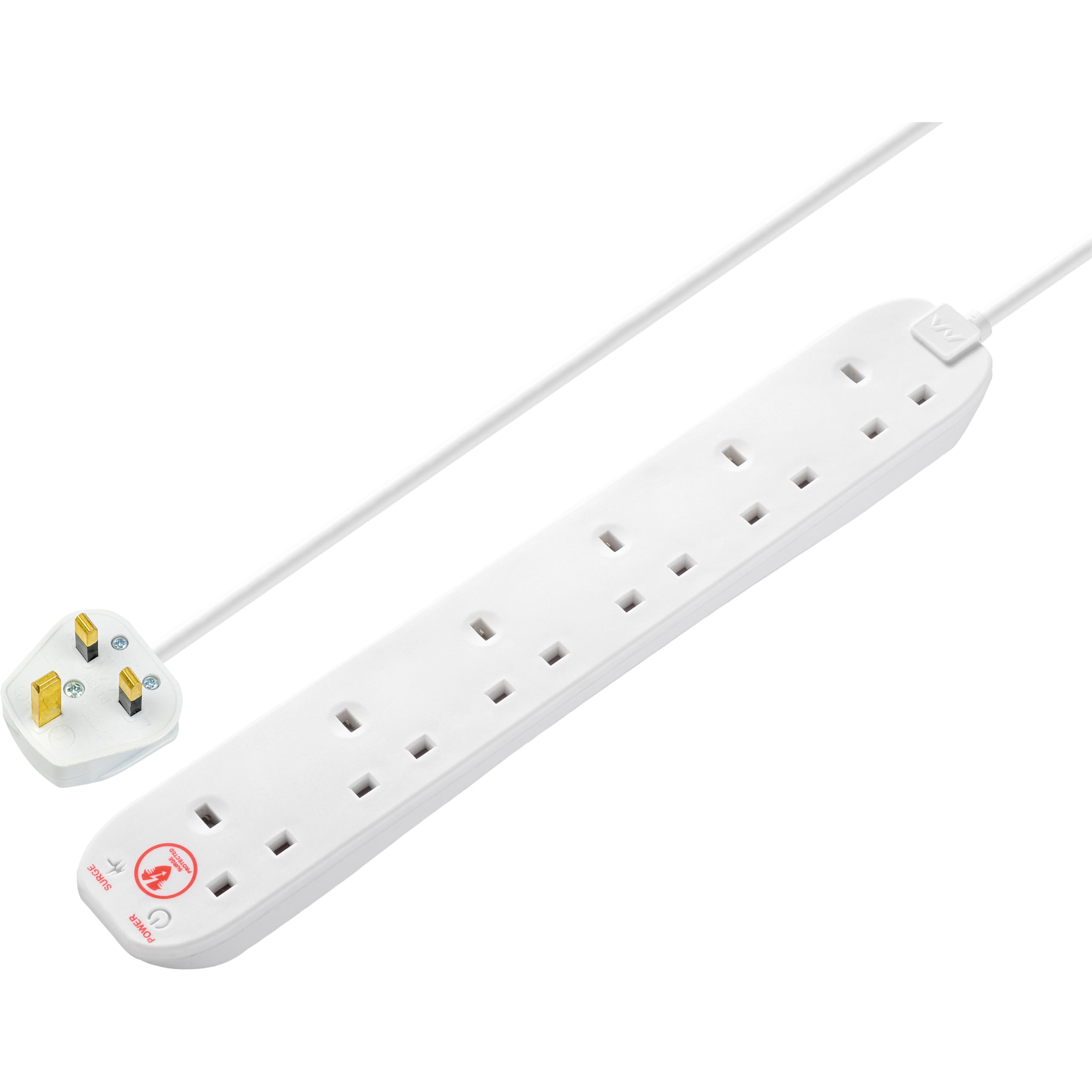Masterplug Six Socket Extension Lead, 2 Metre Cable, Surge Protection, Power and Surge LED Indicators, Unswitched, 6 Way Plug Extension Cable, Power Strip, White, 13A, 6G, 2m, SRG62N