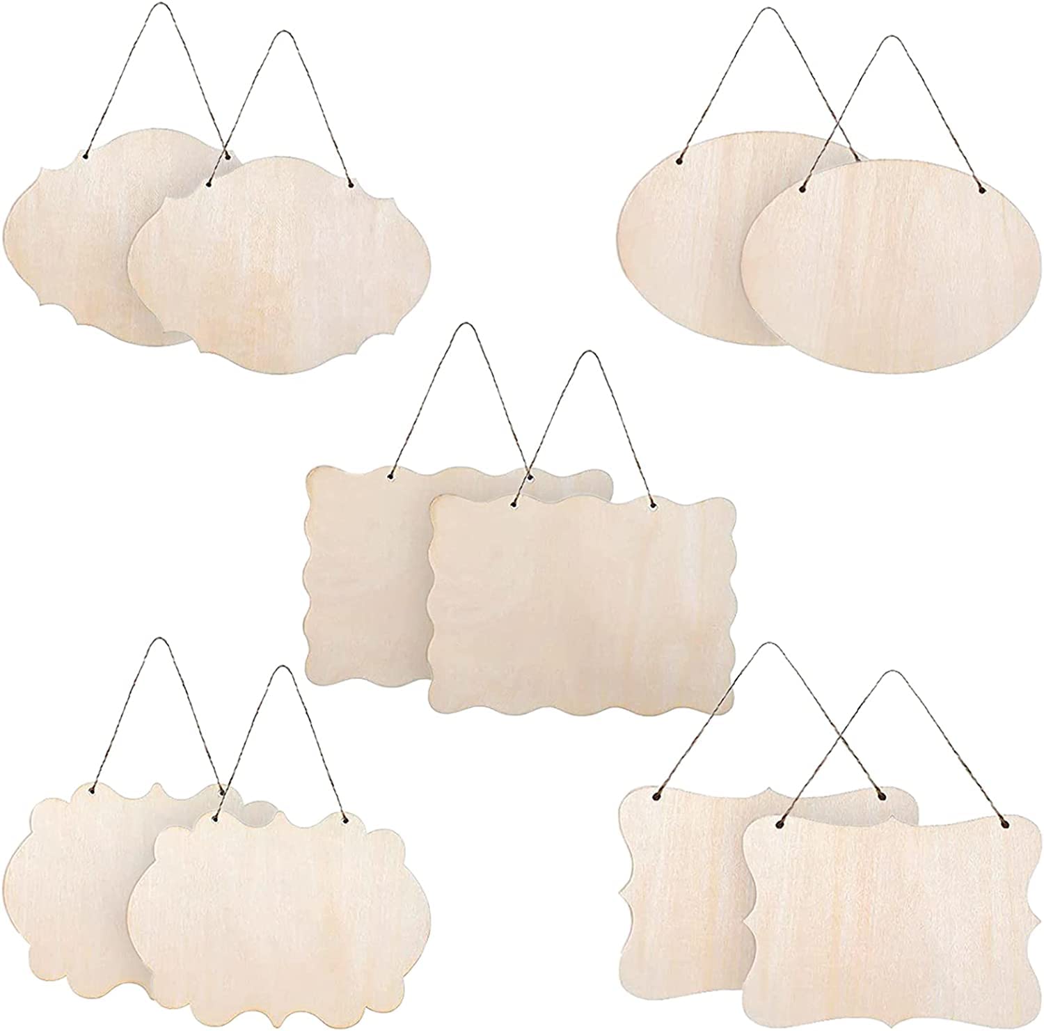 INHEMING 10 Pcs Unfinished Hanging Wood Sign, Blank Hanging Decorative Wooden Plaques Banners with Ropes DIY Home Crafts Supplies