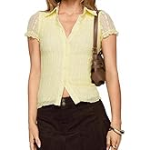 Women Fashion Lace Button Up Top Frill Cap Sleeve Shirt Slim Fit Y2K Blouses Streetwear