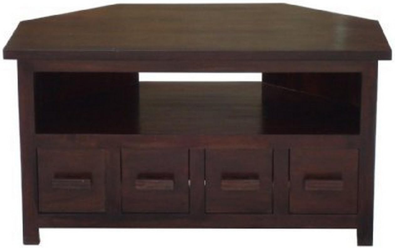 HOMESCAPES Dark Wood Mangat Corner TV Unit Compact Television Stand With 4 Drawers and Shelf