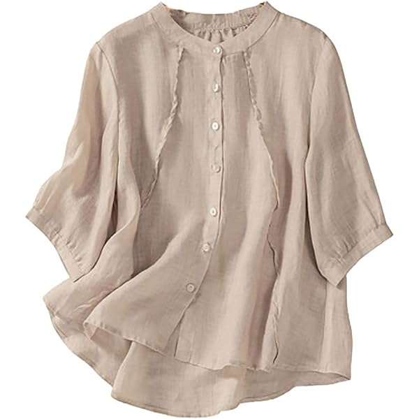 Womens Cotton Linen T-Shirt 3/4 Sleeve Round Neck Loose Linen