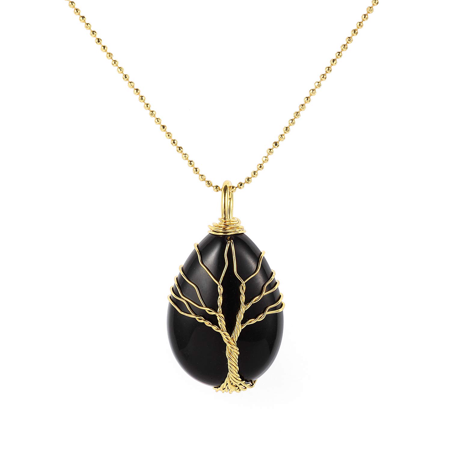 Thajaling Tree of Life Obsidian Teardrop Pendant Necklace Natural Gemstone Healing Crystal Chakra Jewelry for Men Woman