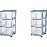 Sterilite 3 Drawer Storage Cart, Plastic Rolling Cart with Wheels Organize Clothes in Bedroom Closet, Easy Assembly, Blue with Clear Drawers, 2-Pack