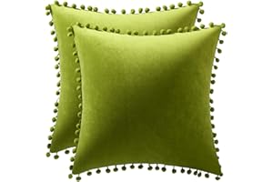 DEZENE Couch Pillow Cases 18x18 Chartreuse: 2 Pack Cozy Soft Pom-poms Velvet Square Throw Pillow Covers for Farmhouse Home Decor