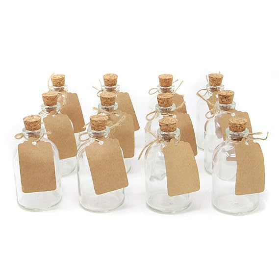 Set von 12 Mini-Glasflaschen | Hochzeitsdekorationen Gefälligkeiten | 50ml Glasflaschen mit Korkdeckeln | Enthält beigefügte 