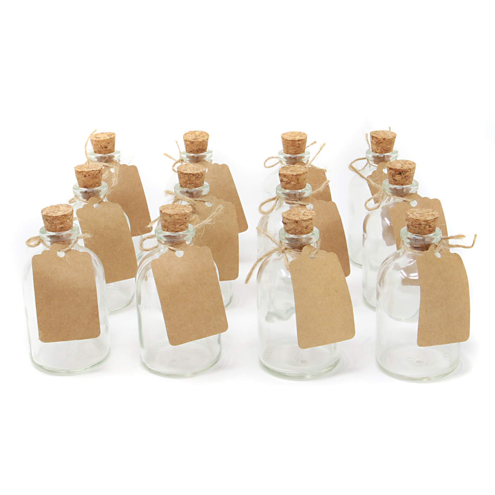 Set of 12 Mini Glass Bottles | Wedding Decorations Favours | 50ml Glass Bottles With Cork Lids | Includes Attached Labels | Kitchen Decorations | M&W