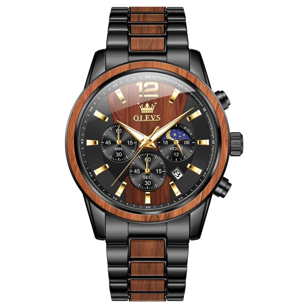 OLEVS Men's Watch Analogue Quartz Wooden Wristwatches Luxury Dress Chronograph Stainless Steel Waterproof Luminous Watches Men's Gift