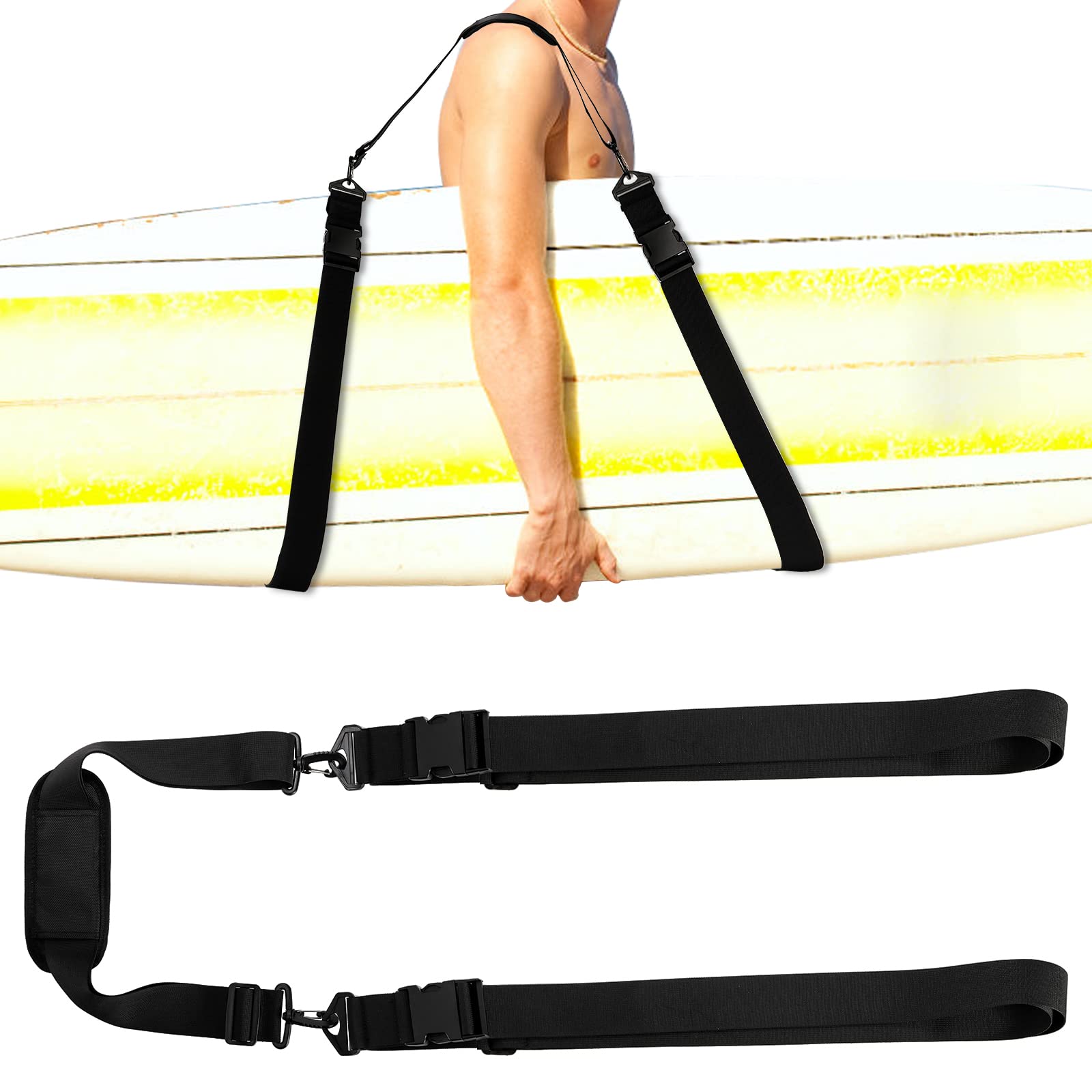 Frcctre Paddleboard Carry Strap, Adjustable Heavy-Duty SUP Carry Strap with Support Padded Shoulder Sling Nylon Carry Belt for Paddleboards, Surfboards, Longboards, Canoe and Kayaks, Black, One size