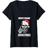Womens Funny Skull Santa Hat Merry Fuckin Christmas Pajama V-Neck T-Shirt