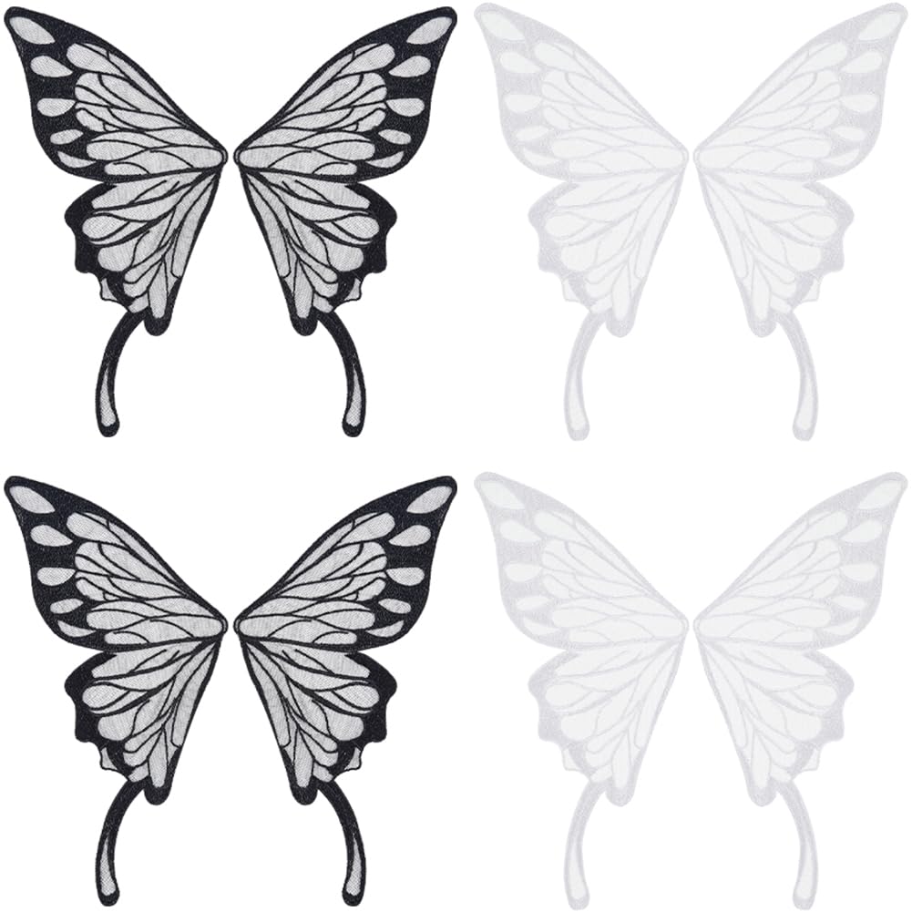 GORGECRAFT 4Pcs 2 Colors Butterfly Lace Applique Butterflies Sew on Patches Embroidered Collar Trim Decor Tulle Fabric Patch for Wedding Dress Clothes Decor Sewing Crafts Black White