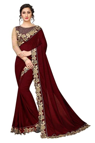 Libzu Creation Women's Silk Blend Saree with Unstitched Blouse Piece (Maroon)