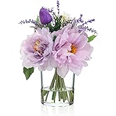 WELL KNOWN Artificial Flowers in Glass Vase with Fake Water, Silk Peony Fake Tulip Bouquet for Home Dinning Tea Table, Office Desktop, Hotel, Wedding, Party, Lavatory Decor & Gift (Lavender Purple)