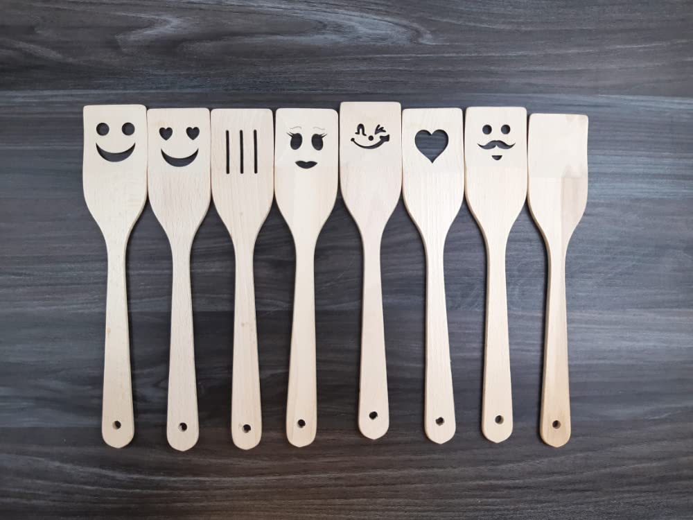JOWE® Set of 8 Beech Kitchen Utensils with Laser Cut Motifs | Wooden Spatula Set of 8 | Untreated