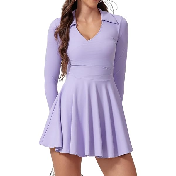Amazon.com: ABEHIK Women's Tennis Dress Long Sleeve V Neck A-line Casual  Fall Winter 2-in-1 Golf Dresses with Built in Shorts Tennis Athletic Yoga  Workout Outfits Black S : Clothing, Shoes & Jewelry