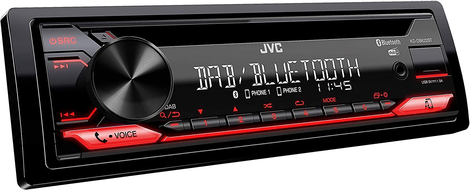 JVC KD-DB622BT CD Car Radio with DAB+ and Bluetooth Hands-Free Kit (Sound Processor, USB, AUX-In, Spotify Control, 4 x 50 Watt, Red Button Lighting, Without Antenna)