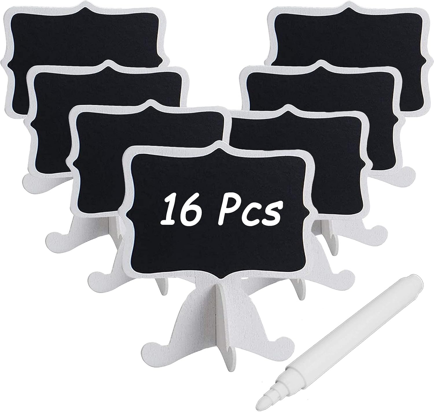 L/V Mini Chalkboard Signs, 16 Pcs Wooden White Framed Small Chalkboard Labels with Easel Stand, Blackboard for Food Cards, Message Board Signs for Decorations, Table Number