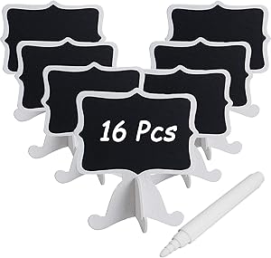 L/V Mini Chalkboard Signs, 16 Pcs Wooden White Framed Small Chalkboard Labels with Easel Stand, Blackboard for Food Cards, Message Board Signs for Decorations, Table Number