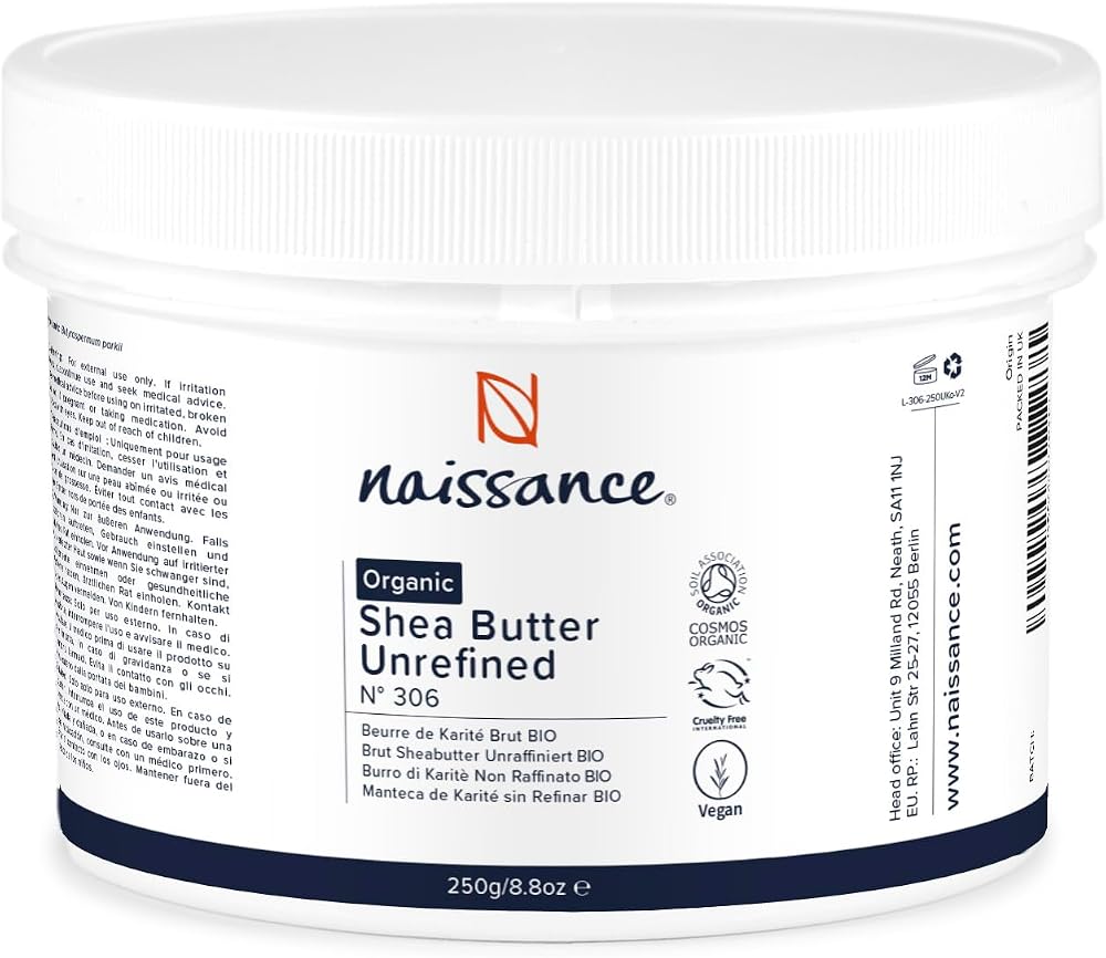 Naissance Organic Unrefined Shea Butter 250g - Pure Raw Natural Vegan for Skin
