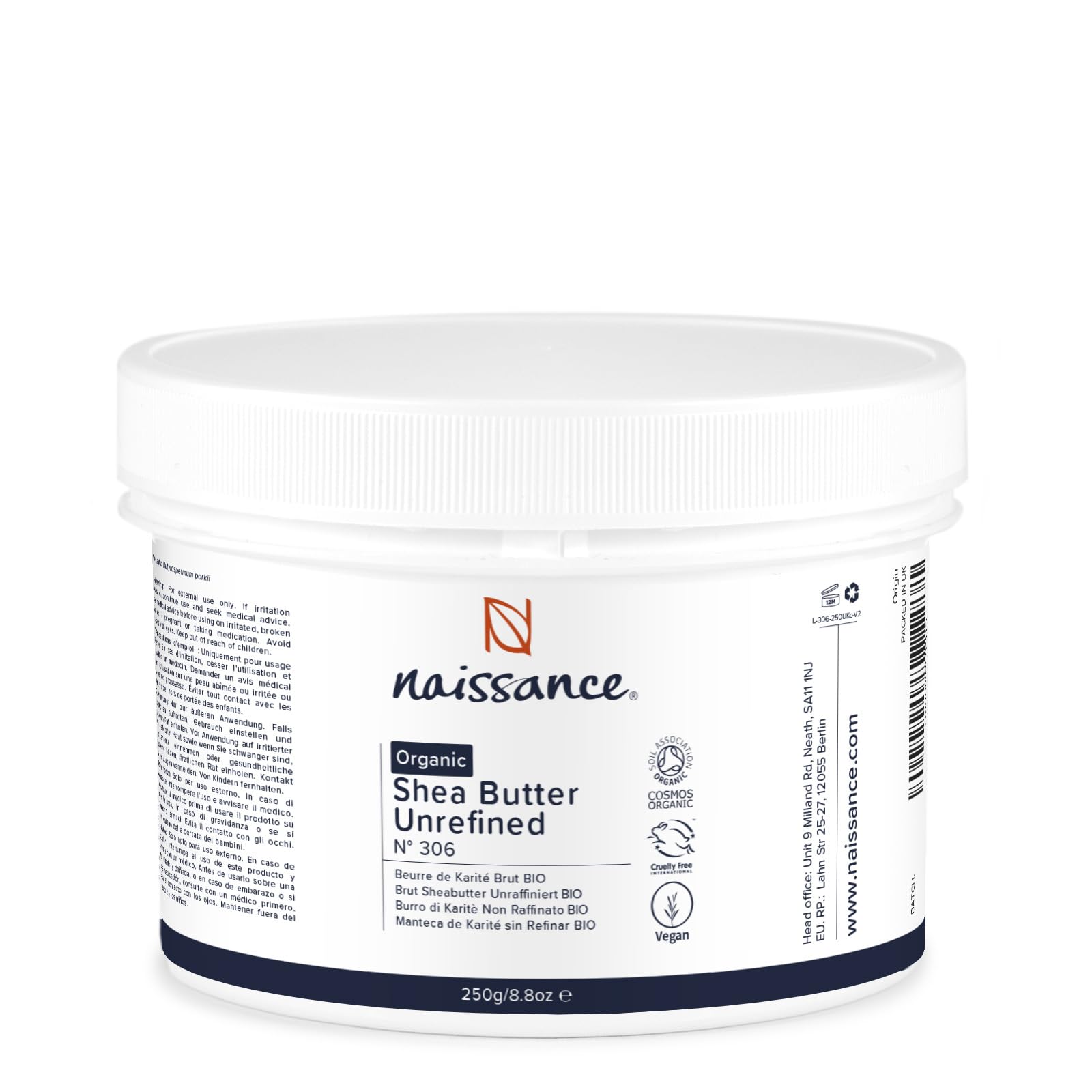 Naissance Organic Shea Butter Unrefined (No. 306) - 250g - Pure, Raw, Natural, Vegan - for Skin, Hair, Lip Balms, Body Butters, Moisturiser