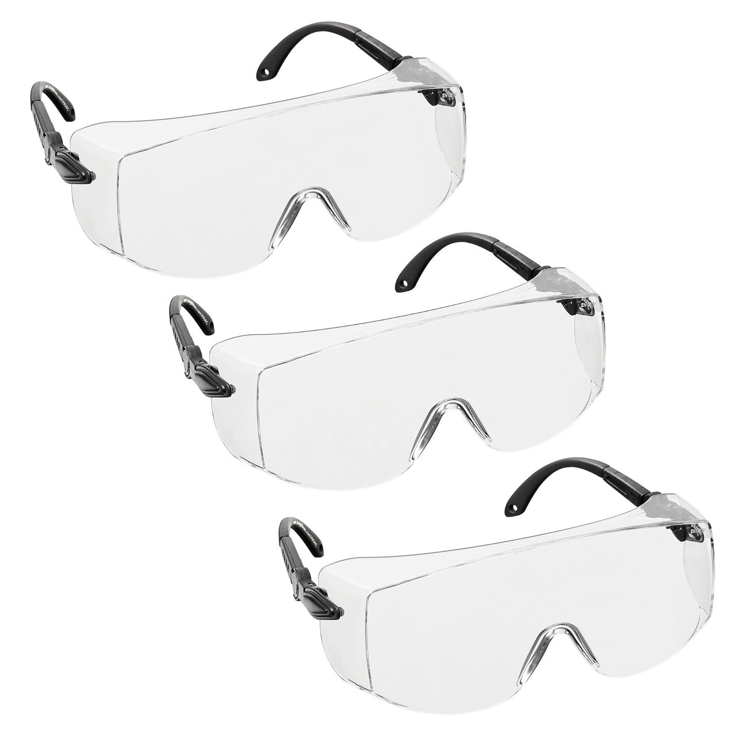 voltX 3 x OVERSPECS' Large Size, Industrial Safety Over Glasses - CE EN166f certified (Clear Lens) - individually adjustable temples - antifog, scratch resistant, UV400 protection