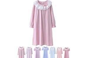 ABALACOCO Cotton Nightgown for Girls Short Long Sleeve Pajamas Dress Princess Kids Toddlers Pretty Lace Loose Sleepwear Dress