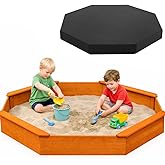 85"x78" Octagon Wooden Sandbox with Waterproof Cover &amp; Liner, Large Outdoor Sandpit with Benches, Fir Wood Sand Box for Kids Backyard Play, Weather-Resistant, Natural