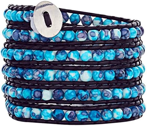 Babao Jewelry Blue Yuhua Stone Natural Stone Beads Leather 5 Wraps Bracelet