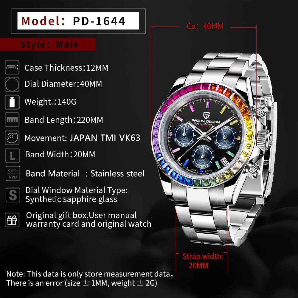 HaiQin Pagani Design 1644 Daytona Homage Men's Quartz Watches Japan VK63 Movement Stainless Steel Band Screw-in Crown Waterproof Sport Chronograph Watch