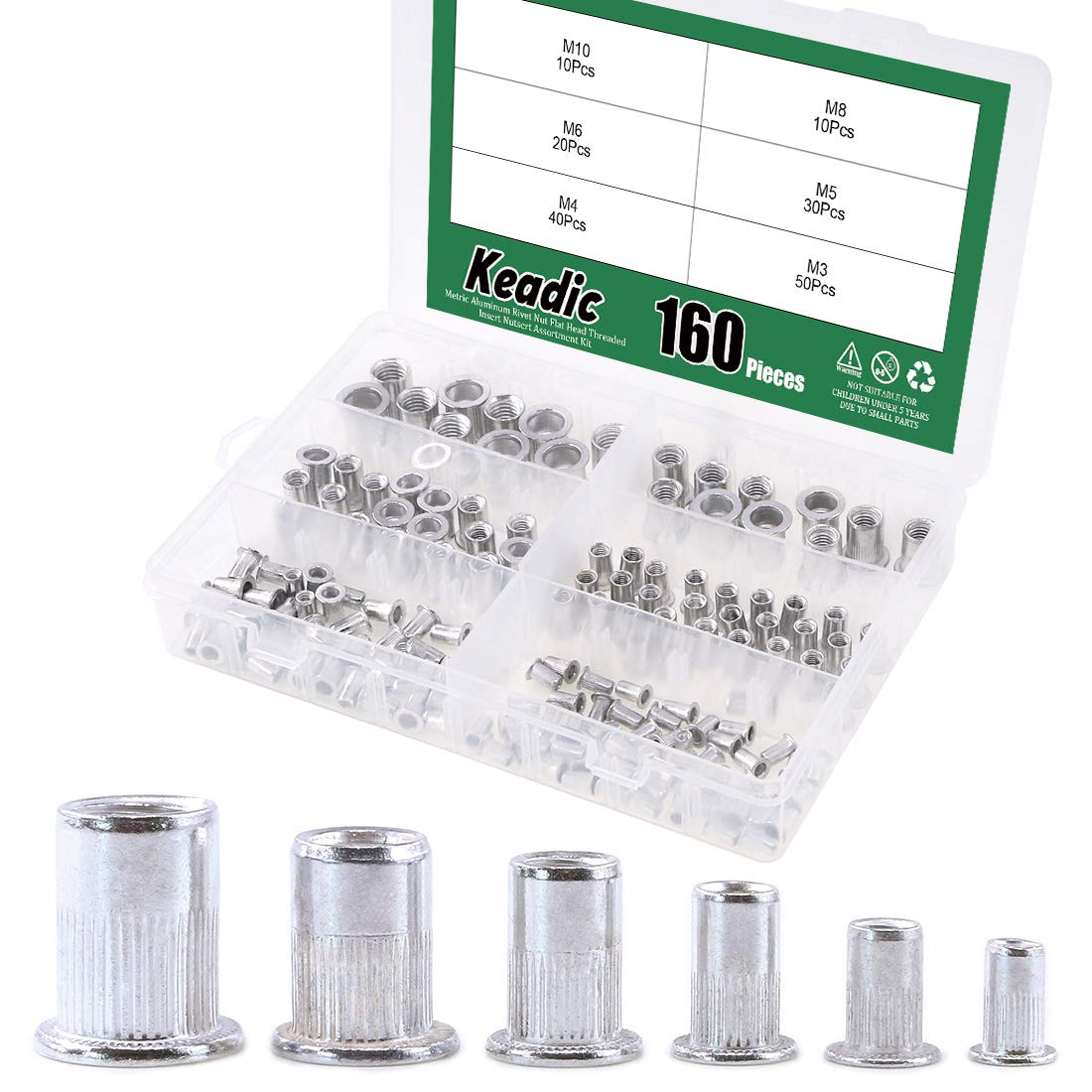 Keadic 160Pcs M3 M4 M5 M6 M8 M10 Metric Rivet Nut Assortment Kit, Aluminum Flat Head Threaded Insert Nutserts for Automotive, Furniture, Decoration
