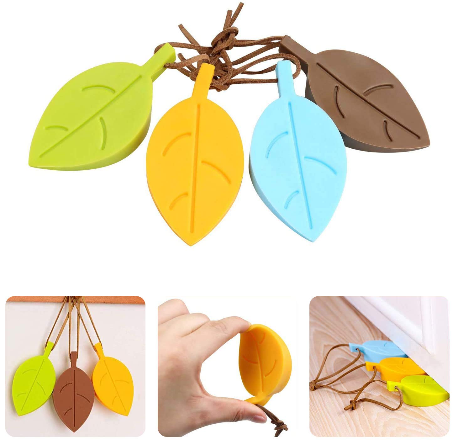 BelleStyle Silicone Door Stopper, 4 Pcs Leaves Style Cartoon Flexible Wedge Window/Door Stops with Lanyard for Home Office Garden