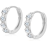 Sterling Silver Hoop Earrings for Women, Dainty Small Huggie Hoop Earrings | Hypoallergenic Daisy Color Cubic Zirconia Flower Hoops Earring Jewellery Gifts for Ladies Birthday Wedding, 12mm Hoop
