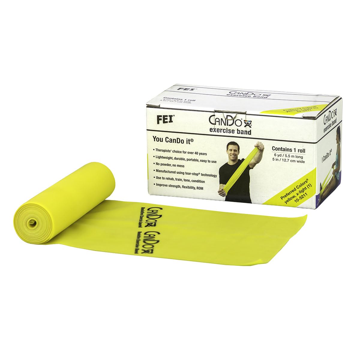 CanDo Resistance band / training band / gymnastics band - dispenser box, 5.5 m - yellow (very light) - alternative to dumbbells