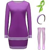 SPORTBANG Womens Halloween Costume Purple Dress Cosplay Outfits with Green Scarf and Headband