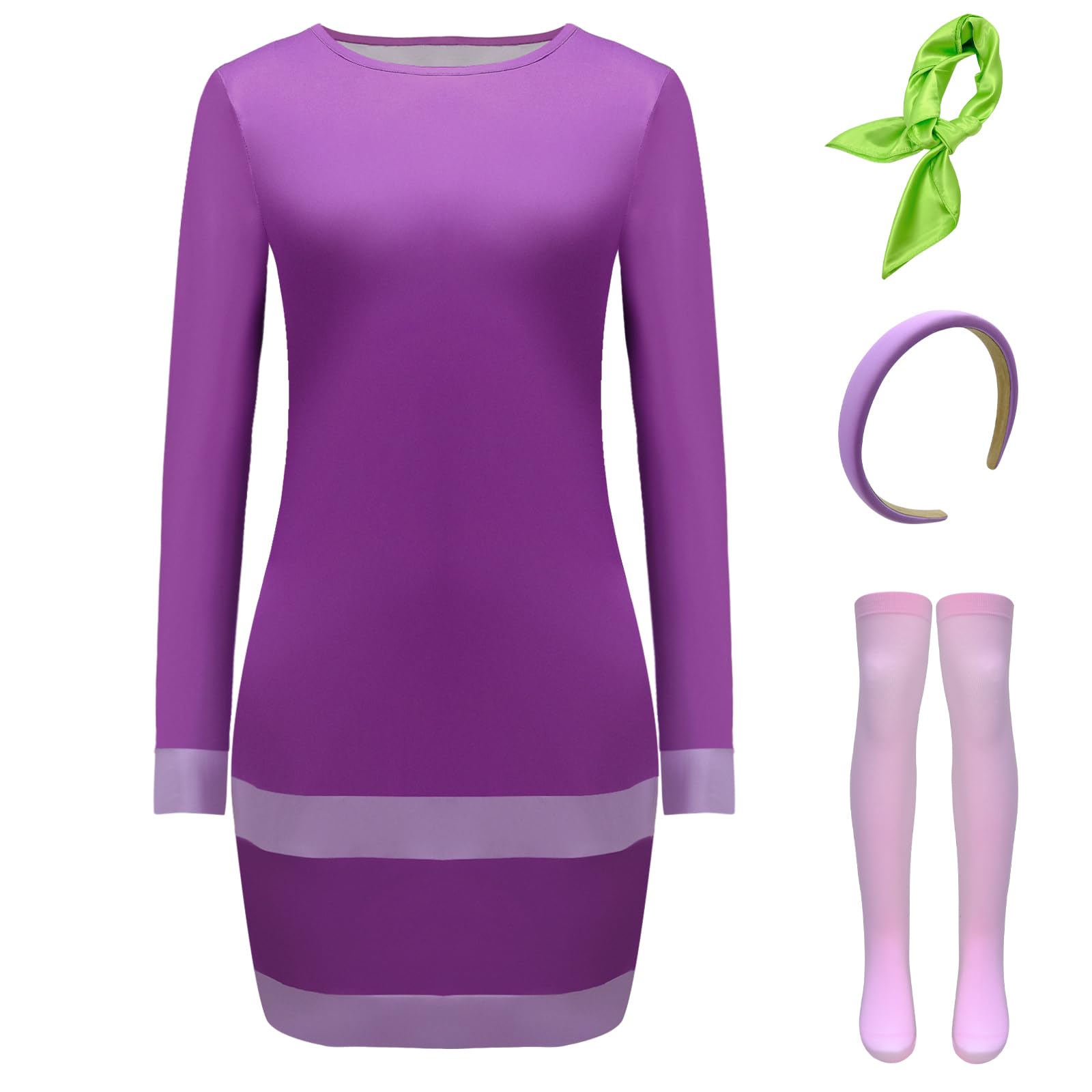 Photo 1 of Womens Halloween Costume Purple Dress Cosplay Outfits with Green Scarf and Headband (Medium, Purple)