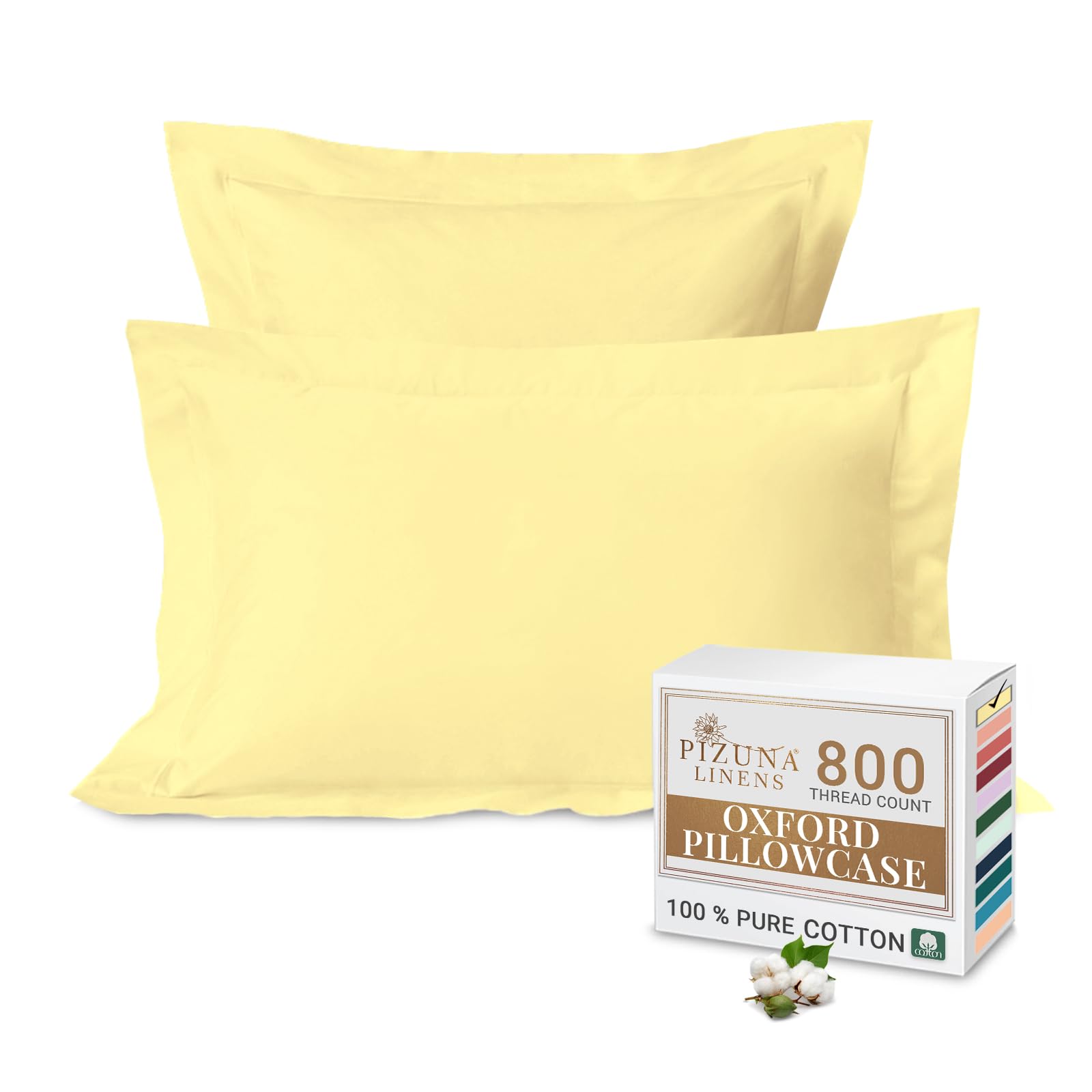Pizuna Luxurious Cotton Standard Pillowcases 2 Pack Mellow Yellow 50x75cm, 800 Thread Count Long Staple Combed Cotton Pillow Cover, Crisp Sateen Weave Oxford Pillow Cases (Luxury Pillowcase 2 PC)