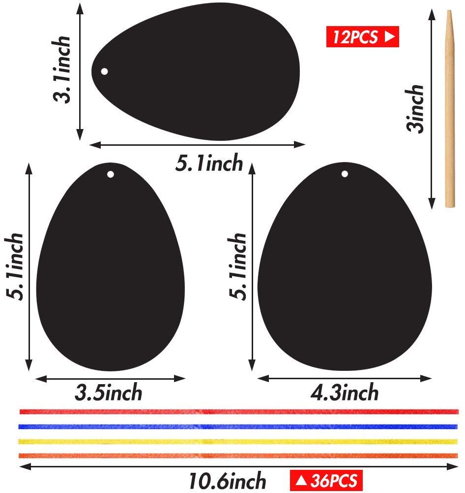Koogel Osterei Kratzbilder, 36 Stück Kratzpapier Bastelset Kinder mit Holzstäbchen und Buntem Band für Ostern Geburtstag Party Dekoration DIY Handwerk
