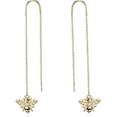 Sterling Silver 18K Gold Plated Bee Threader Dangle Earrings - Bumble Bee Pull Through Chain Jewelry Gifts for Women