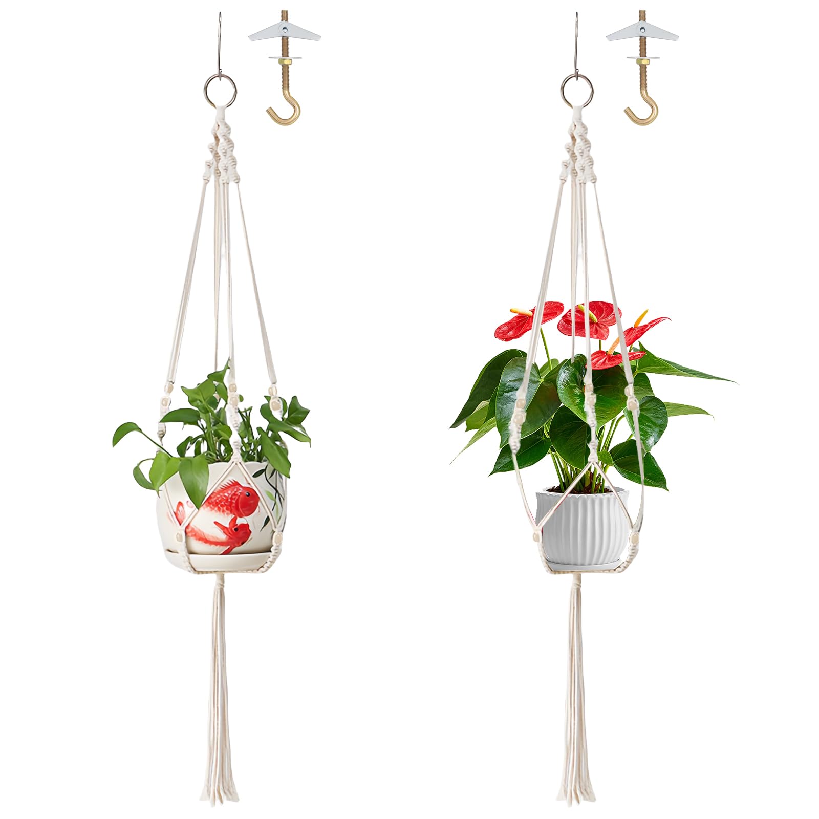 PacuM Hanging Plant Holder, 2 Pack Macrame Plant Hanger 100 cm Indoor Hanging Baskets for Plants Cotton Rope with Beads Flower Pot Boho Style with 2 Ceiling Hook for Ceiling, Balcony, Garden