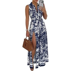 CHICME Women Summer Maxi Dress Color Block Flowy Boho | Lightweight Breathable Fabric, Turn Down Collar, Button Down, High Si