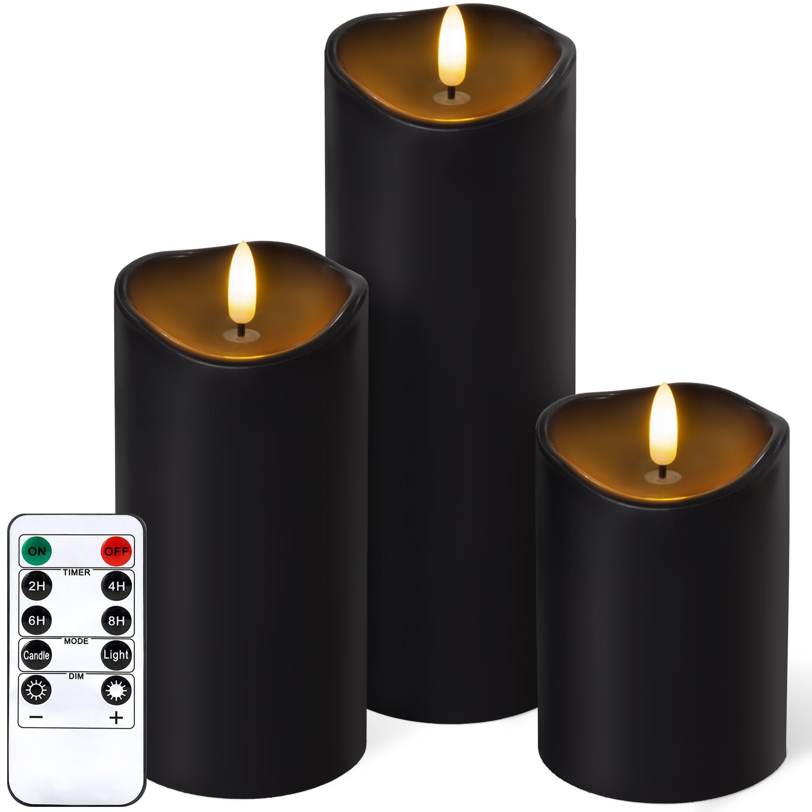 Photo 1 of Outdoor Flameless Candles with Remote Timer - Waterproof Realistic Flickering LED Pillar Electric Battery Operated Fake Candle for Home Halloween Christmas Party Decor - 3 Pack Black (D3”H4”6”8”)