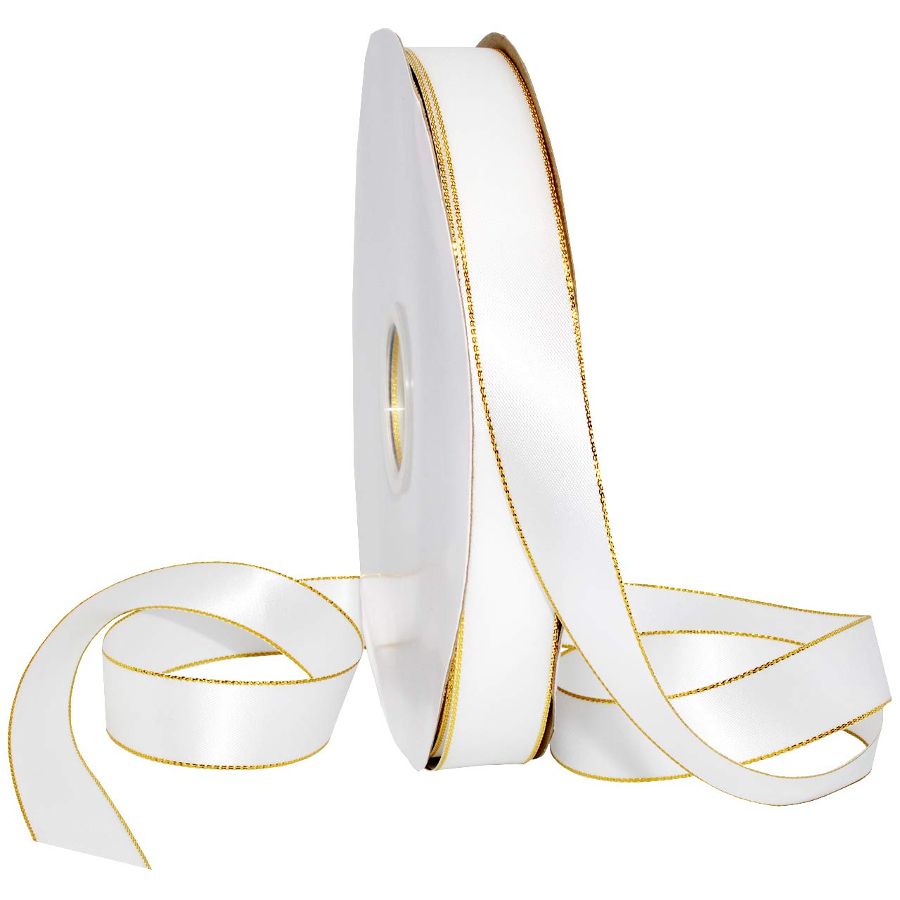 Morex Ribbon Gold Edge Satin Ribbon, 7/8" x 100 Yd, White