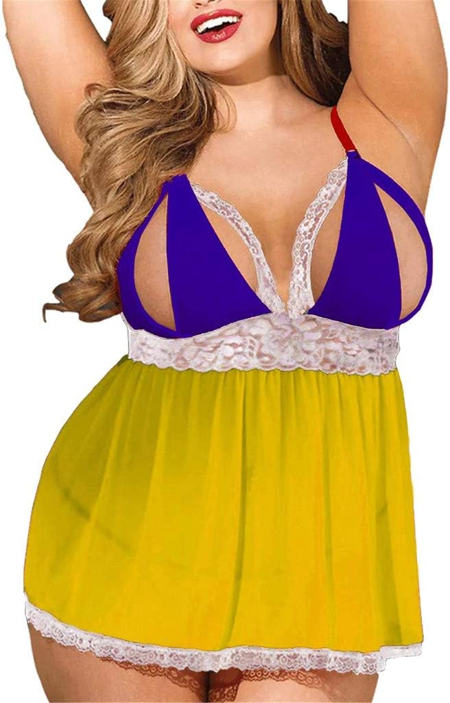 Women's Chemise Plus Size Lace Mesh Lingerie Red Babydoll Lace Split Cup Sleepwear Set Hollow Halter Nightgown WEI MOLO