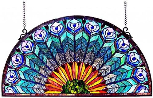 Peacock Design Half Round Stained Glass Window Panel