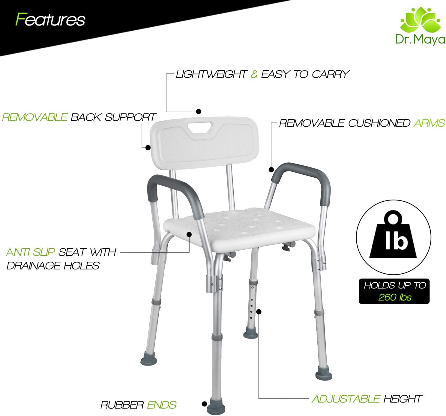 Dr. Maya Adjustable Shower Chair with Back and Arms - Free Suction Assist Grab Bar - Anti-Slip Bench - Bathtub Seat for Bathroom Safety: Health & Personal Care